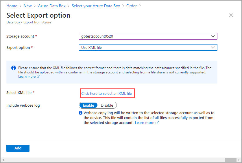 Screen capture showing the process of placing a Data Box order using a formatted XML file.