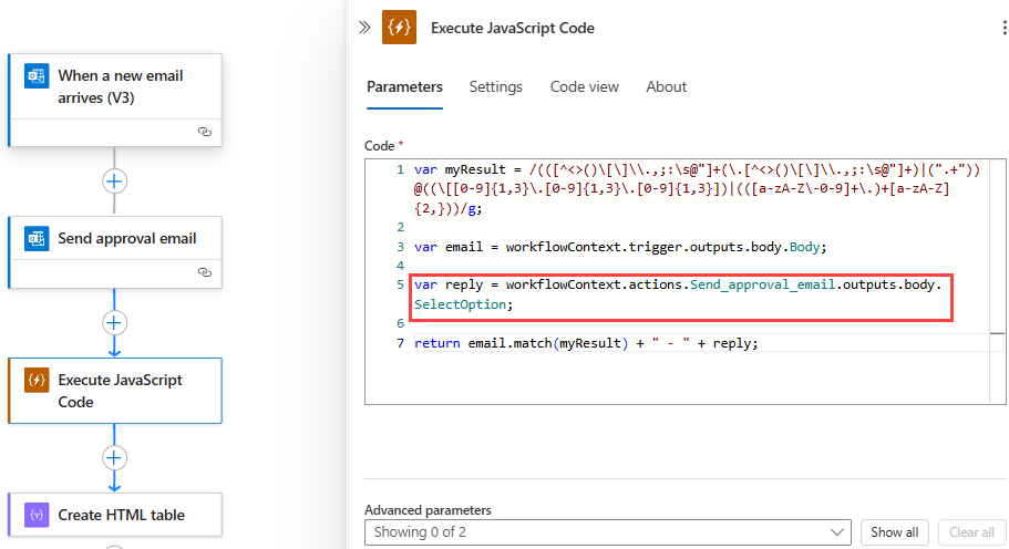 Screenshot that shows the Consumption workflow and Execute JavaScript Code action with updated example code snippet.