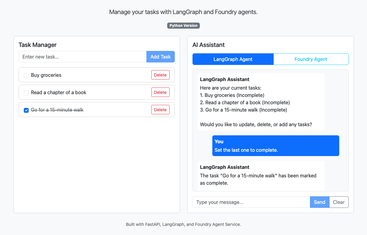 Screenshot of a chat completion session with a LangGraph agent.