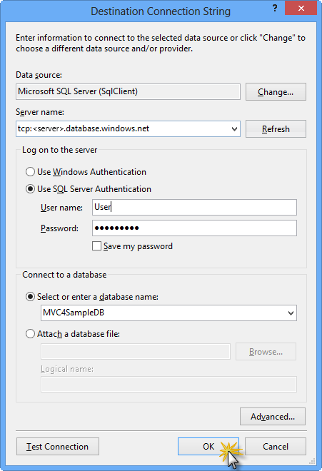 Configuring destination connection string Configuring destination connection string