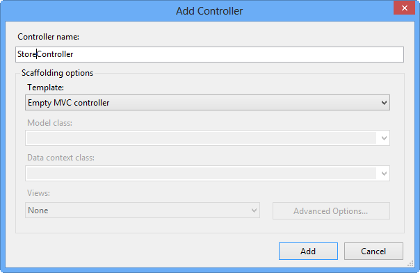 Add Controller Dialog Add Controller Dialog screenshot with bar for entering controller name and an option for selecting scaffolding options.