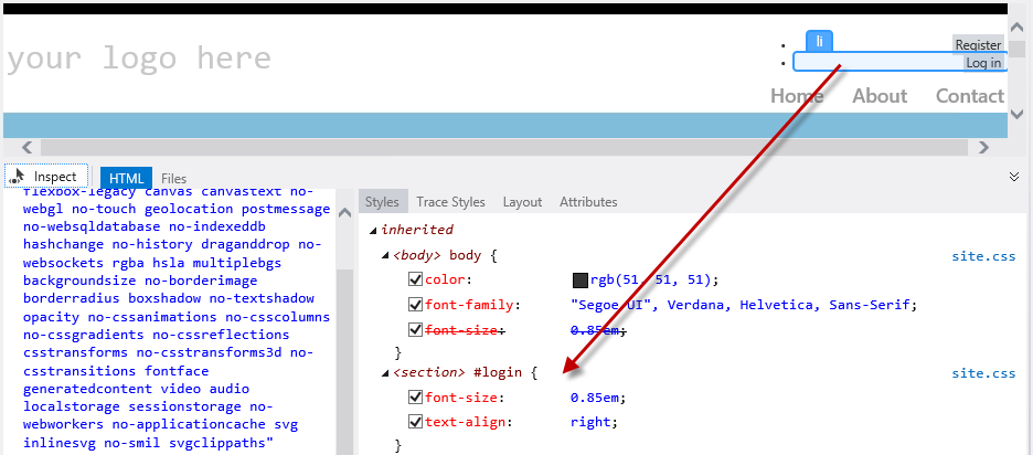 Finding the style Screenshot of the Page Inspector window in inspection mode and selecting the Register and Log in links to access Styles.css code.