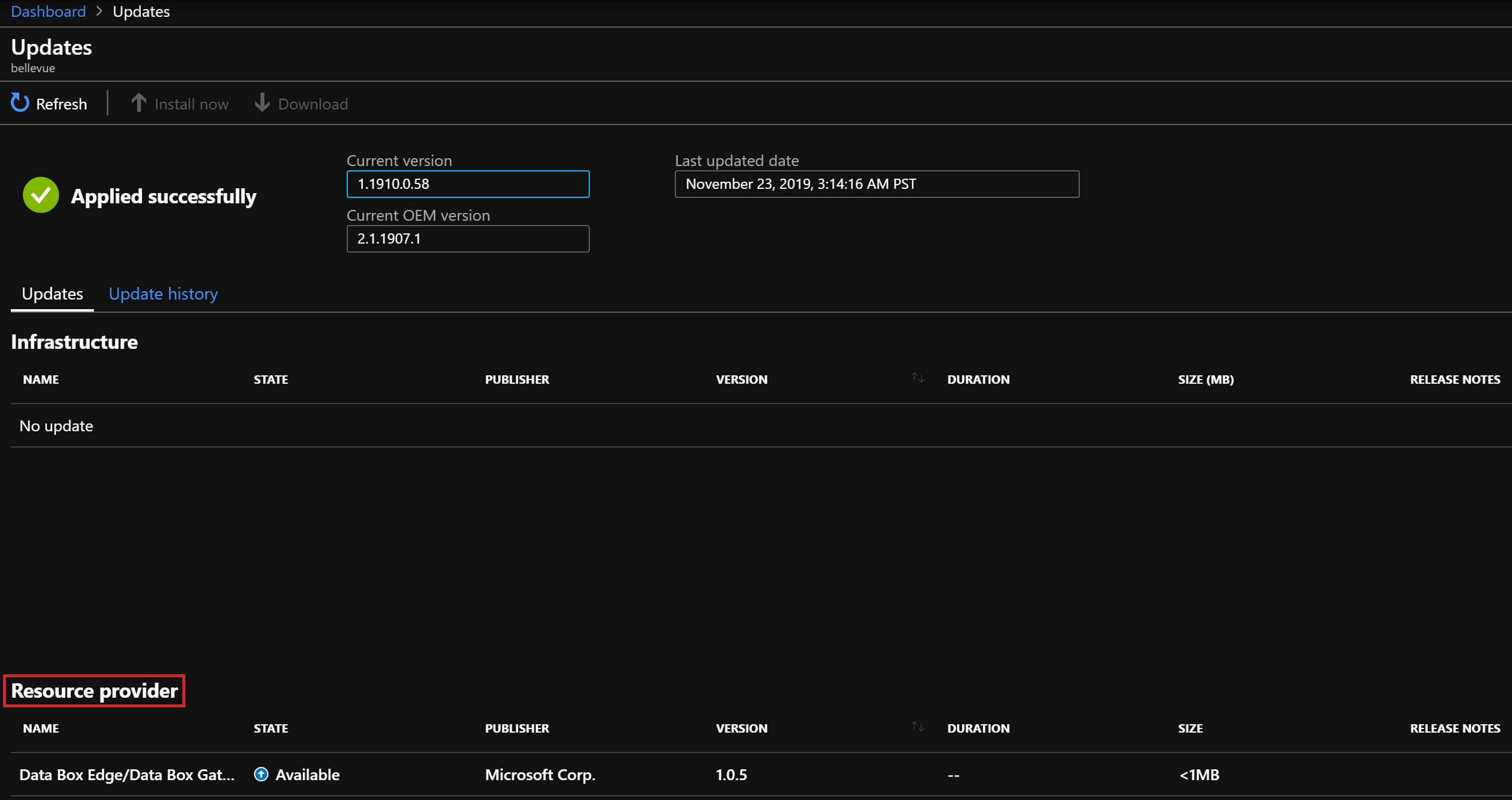 Screenshot that shows the Resource Provider section.