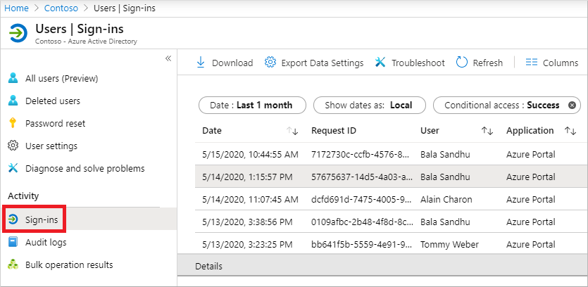 Screenshot of example Microsoft Entra sign-in logs