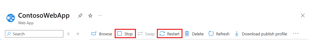 Screenshot that shows options for stopping and restarting an app in the portal.