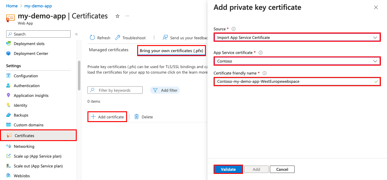 Screenshot that shows the app management page with Certificates, Bring your own certificates (.pfx), and Import App Service certificate selected. The Add private key certificate pane shows Validate.