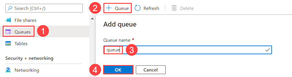 New Azure Storage Queue This image shows how to create a new Azure Storage Queue.