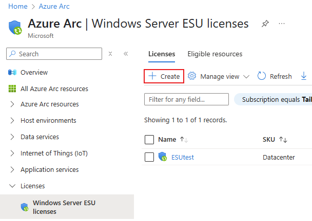 Screenshot showing existing licenses and the option to create a new one.