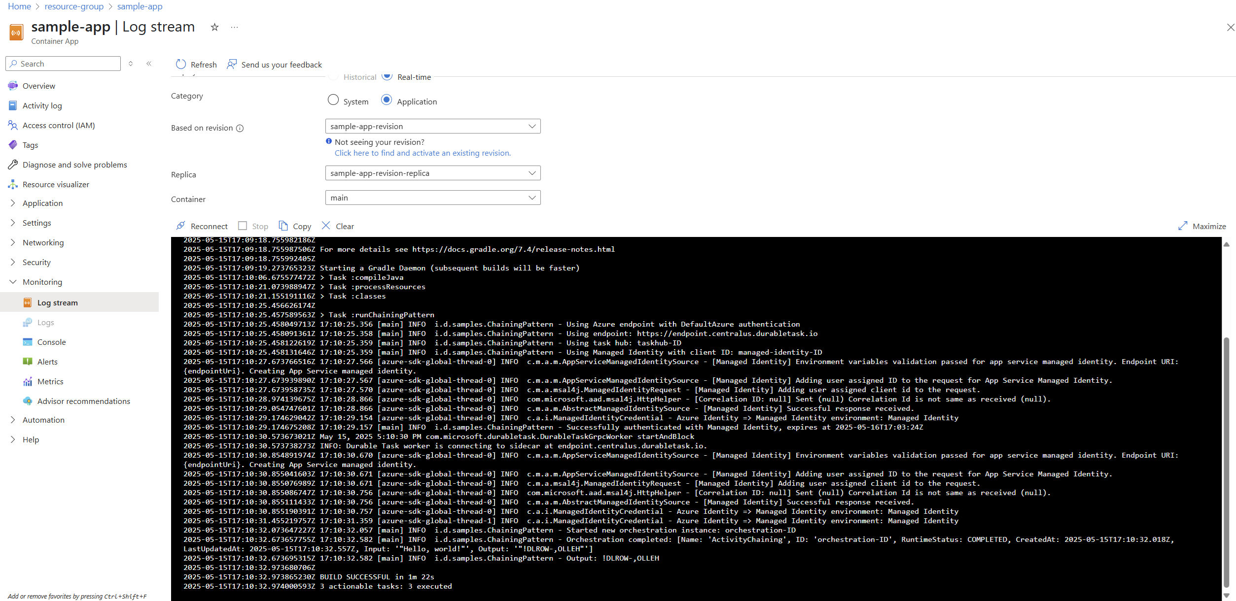 Screenshot of the Java sample app's log stream in the Azure portal.
