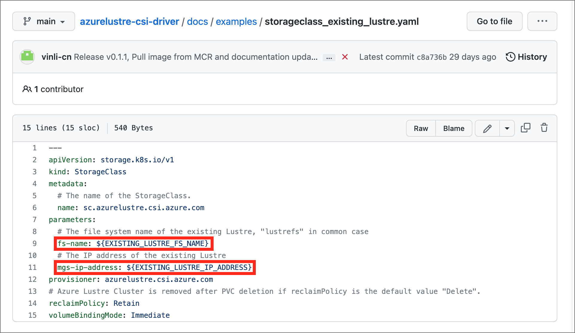 Screenshot of the storageclass_existing_lustre.yaml file with values to replace highlighted.