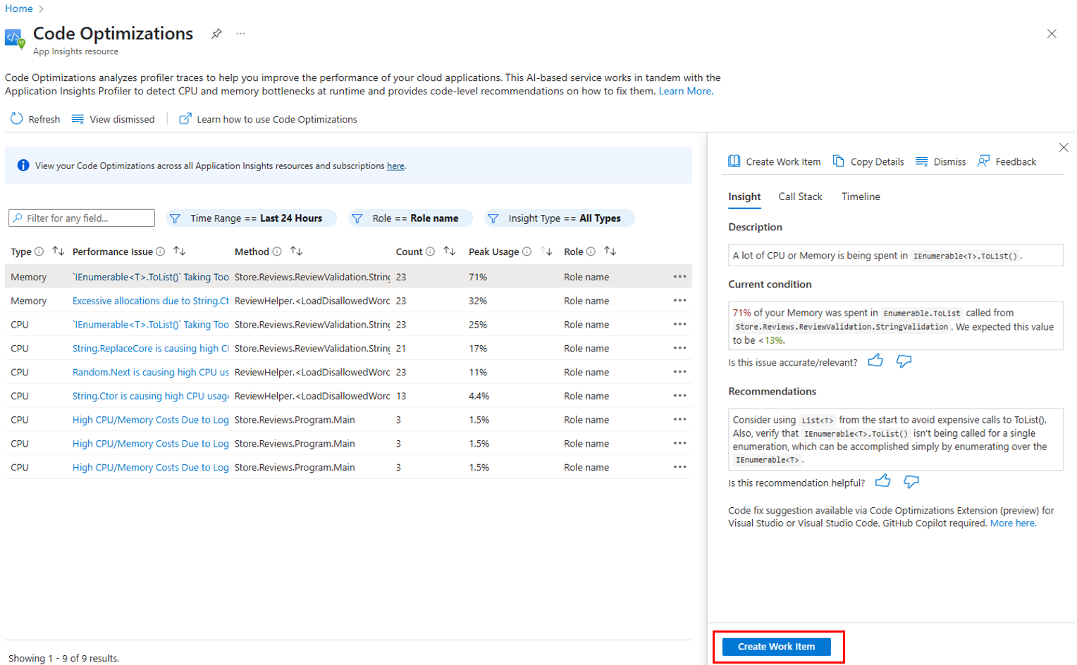 Screenshot of Code Optimizations details pane and selecting the create work item button.