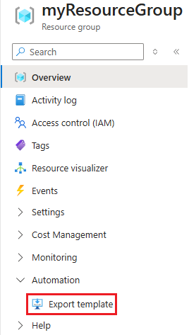 Screenshot of export template option in Azure portal.