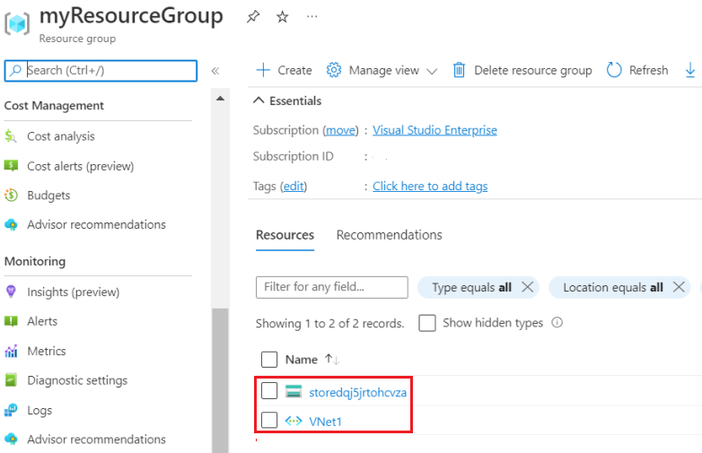 Screenshot of resource group with storage account and virtual network in Azure portal.