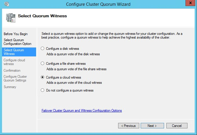 Screenshot showing the appropriate radio button to select a cloud witness.