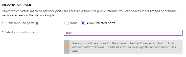 Screenshot showing the Inbound port rules section when creating your SQL VM in the Azure portal.