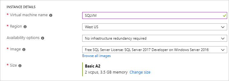 Screenshot showing the Instance details section when creating your SQL VM in the Azure portal.