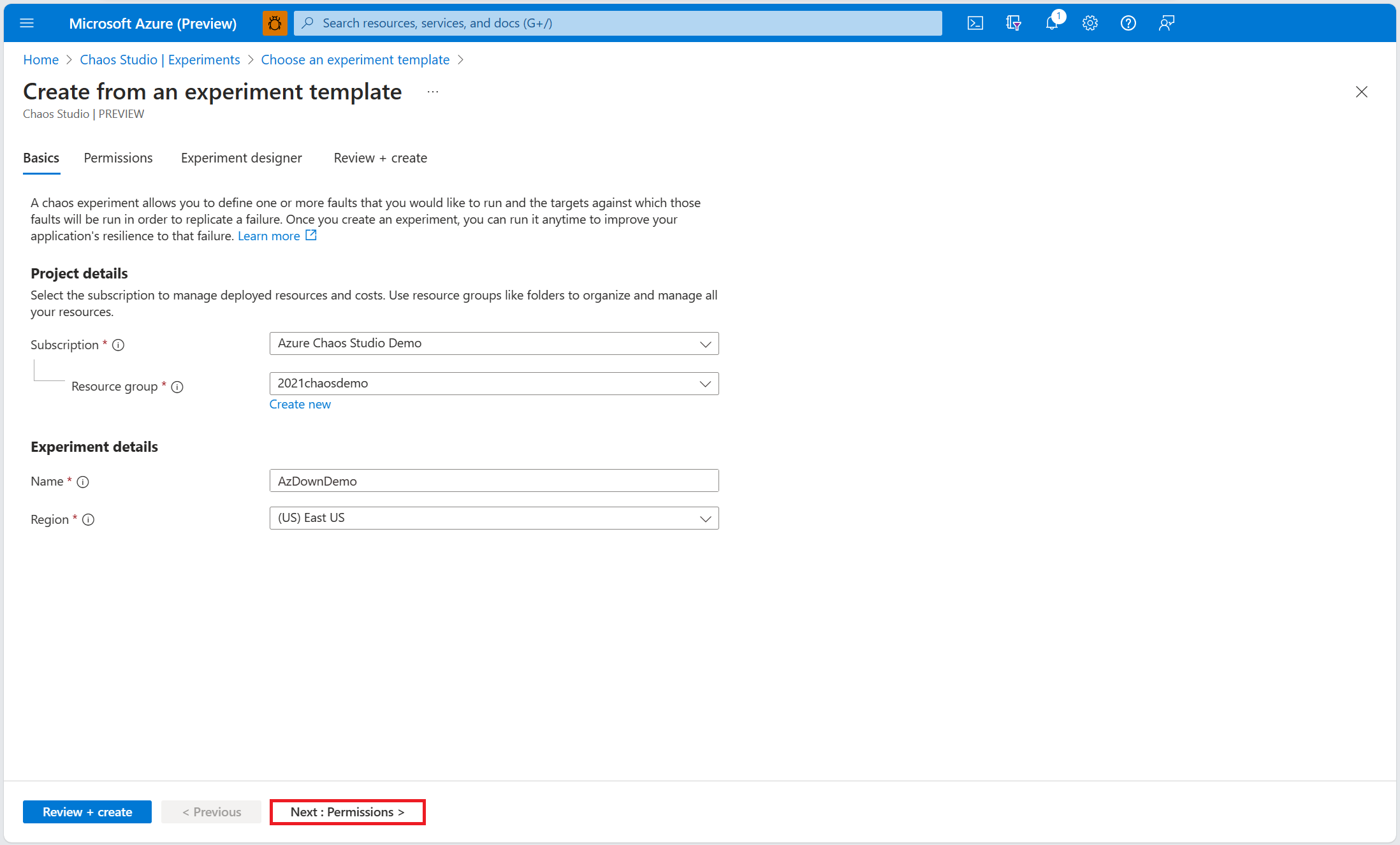 Screenshot that shows the experiment basics screen, with the permissions tab button highlighted.