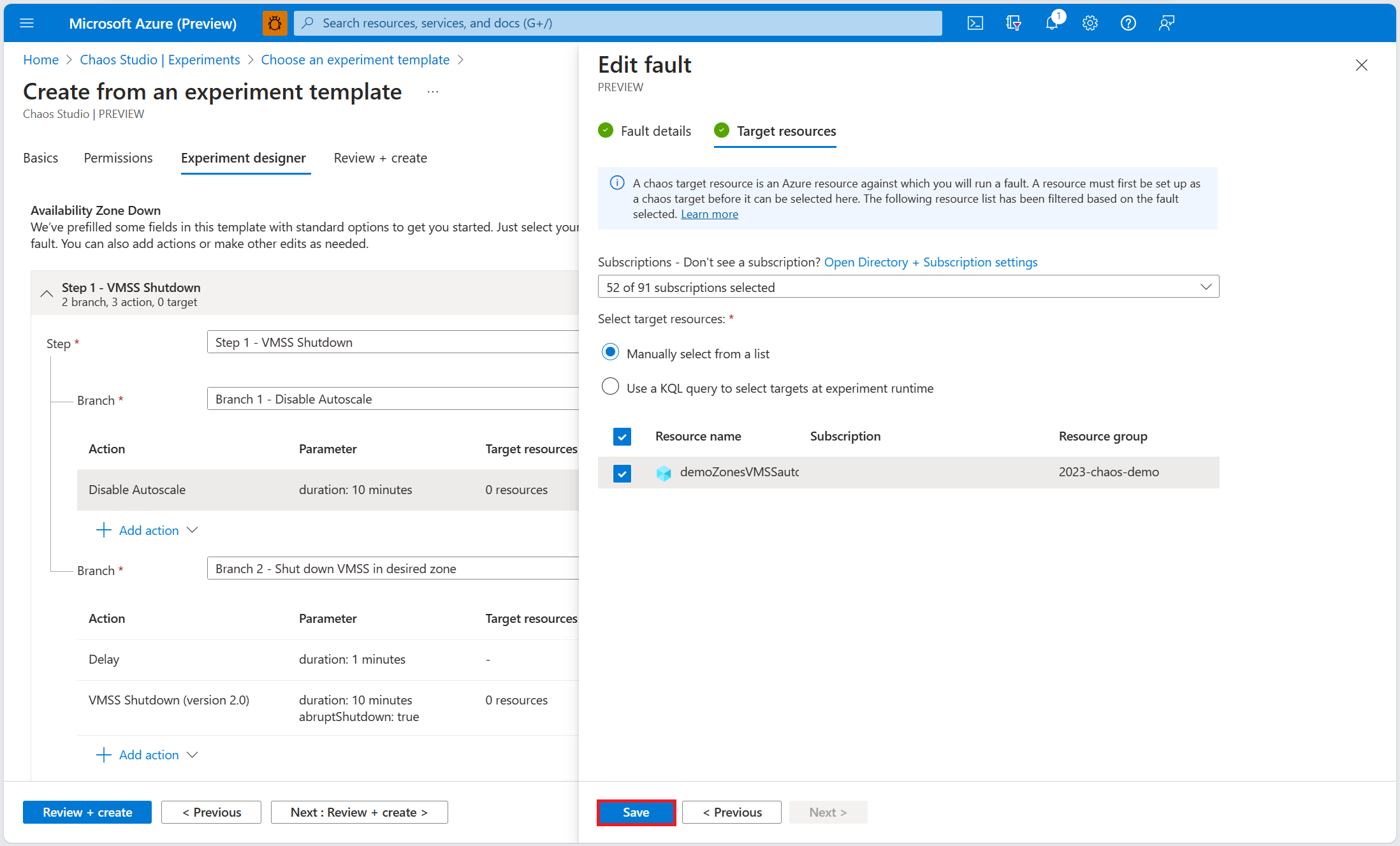 Screenshot that shows the fault targets pane for autoscale, with the save button highlighted.