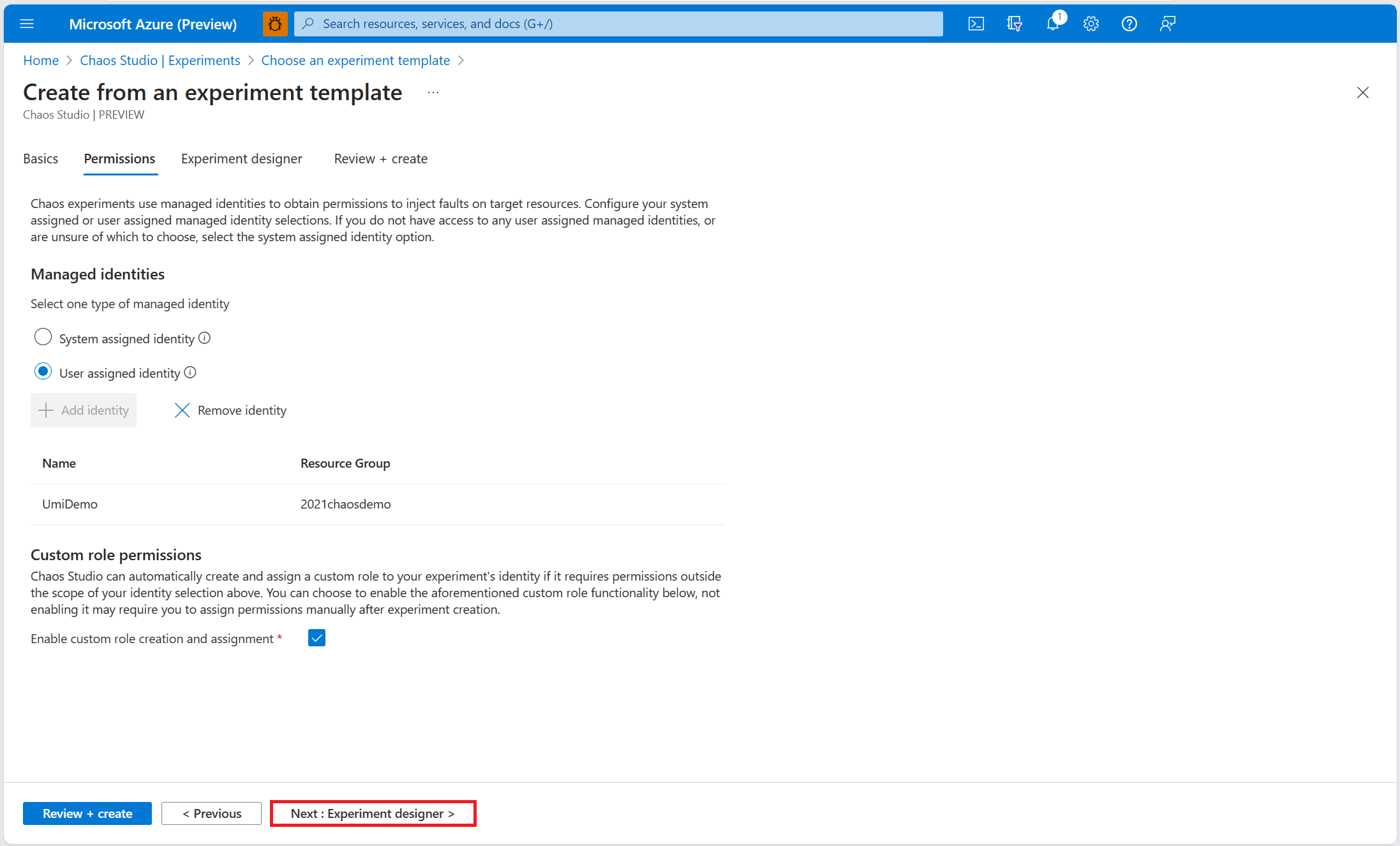 Screenshot that shows the experiment permissions screen, with the experiment designer tab button highlighted.