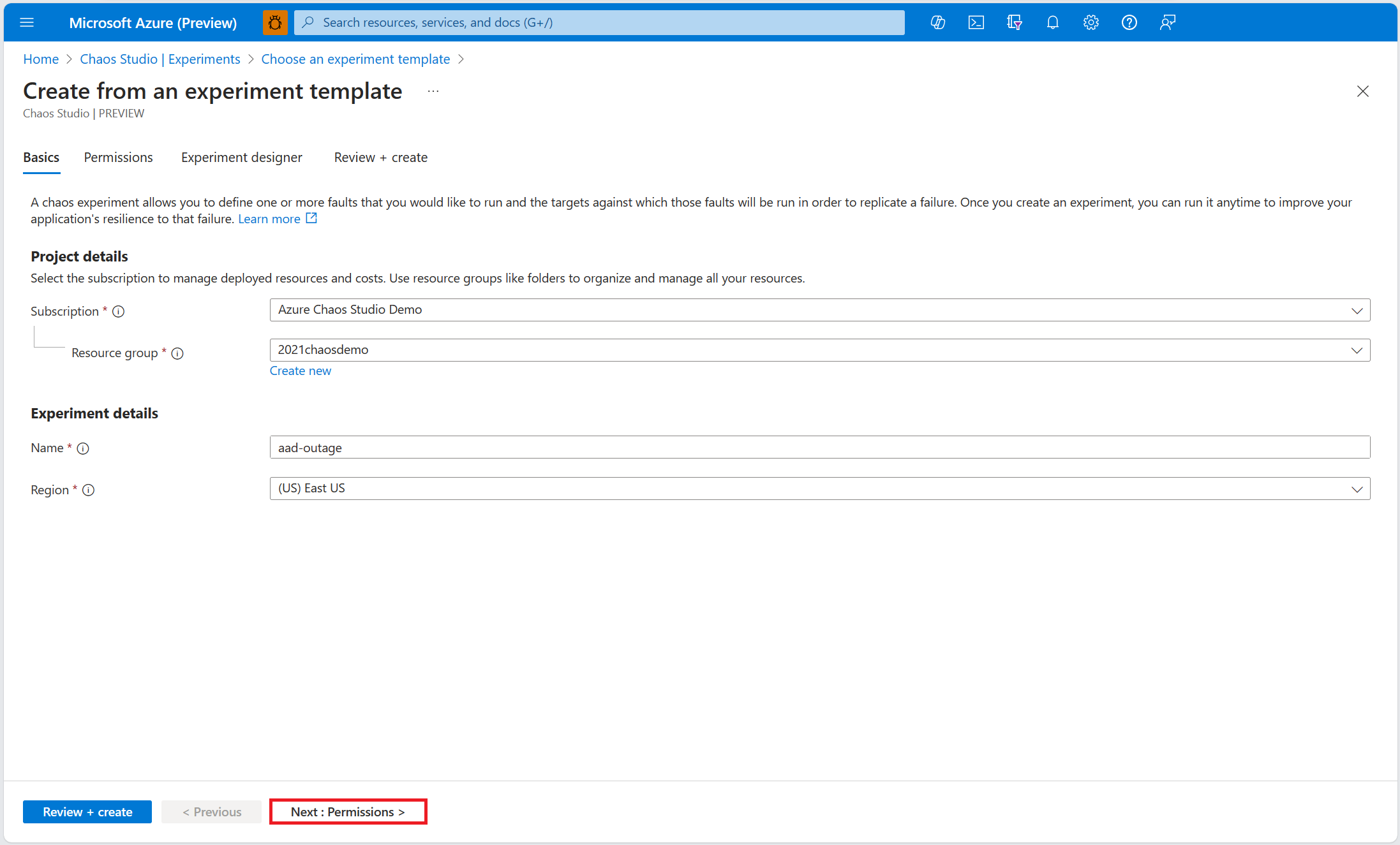 Screenshot that shows the experiment basics screen, with the permissions tab button highlighted.