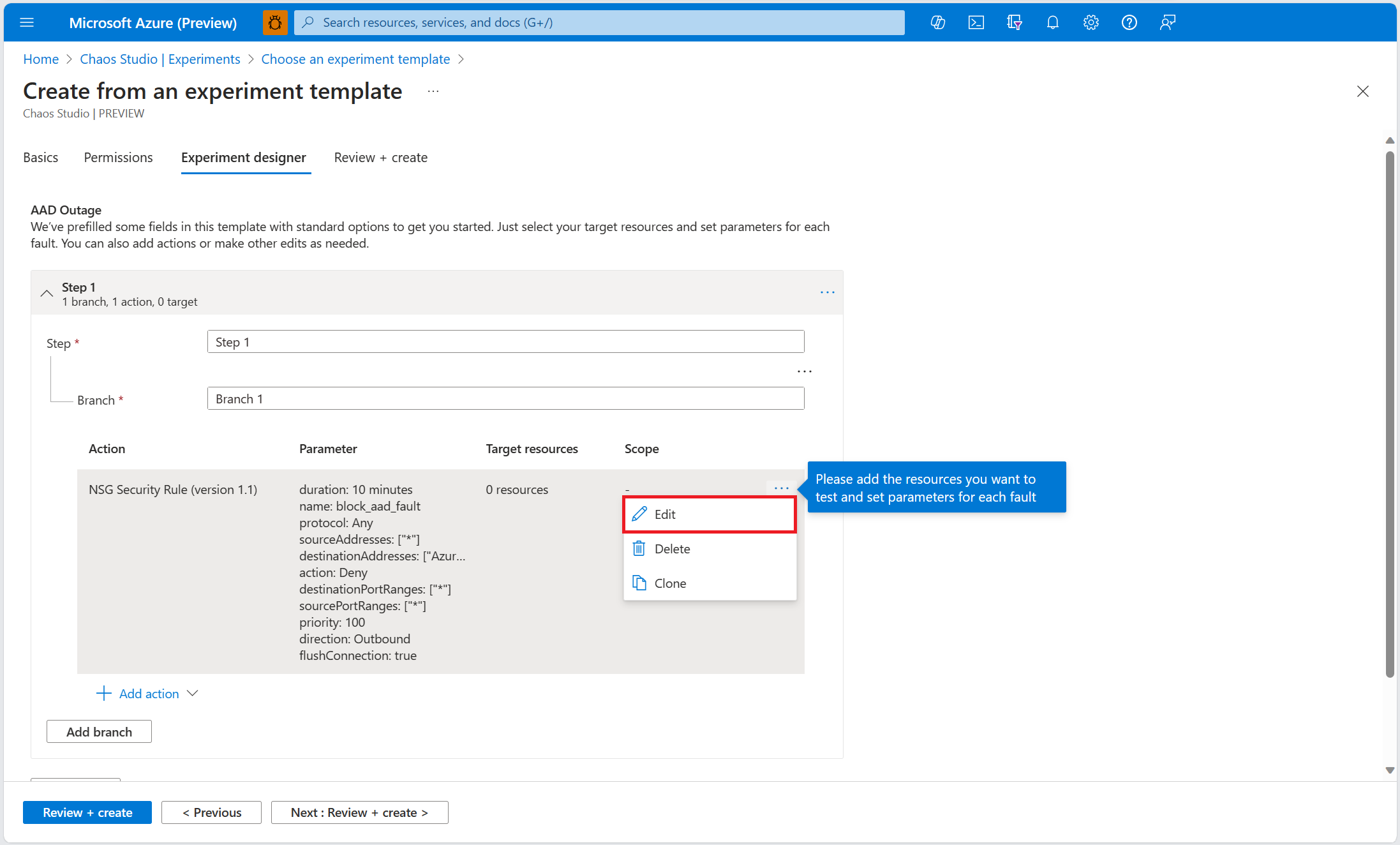 Screenshot that shows the experiment designer screen, with the edit button within the NSG fault highlighted.