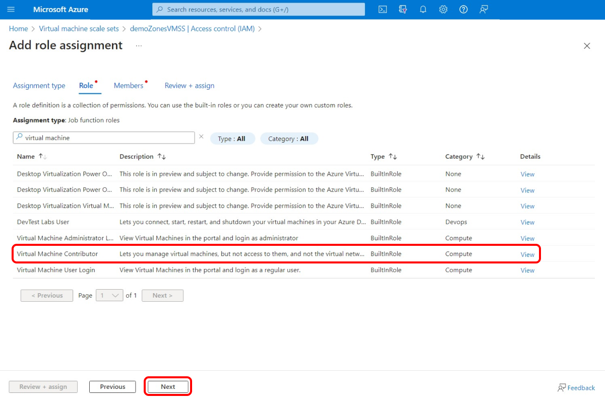 Screenshot that shows the access control overview for virtual machine scale sets.