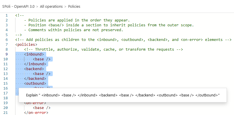 Screenshot of right-clicking a section of an API Management policy to get an explanation from Azure Copilot.