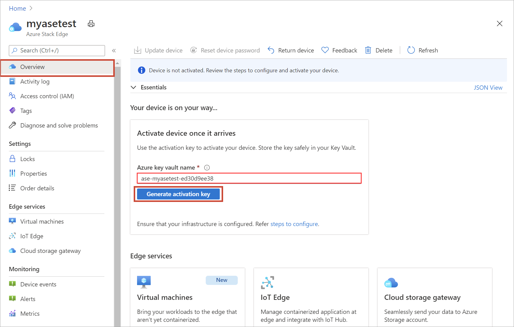 Screenshot of Overview pane for newly created Azure Stack Edge resource, with a key vault name entry. The entry and the Generate Activation Key button are highlighted.