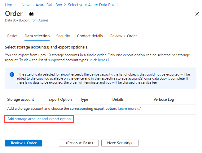 Screen capture showing the data fields on the Data Selection tab for a Data Box export order, highlighting the link to modifying Storage Account and Export options.