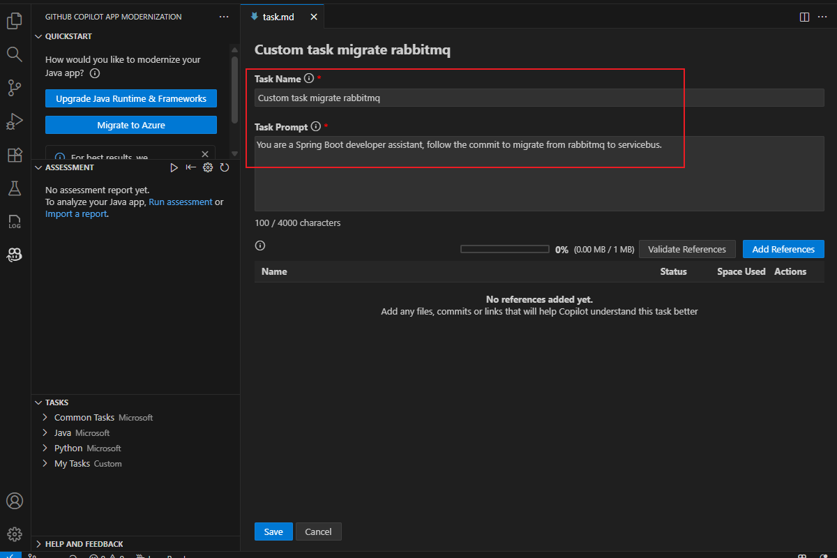 Screenshot of Visual Studio Code that shows the migrate rabbitmq task with the Task Name and Task Prompt fields highlighted.