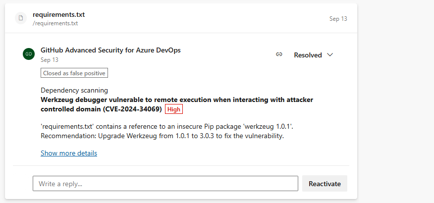 Screenshot of closed dependency pull request annotation.