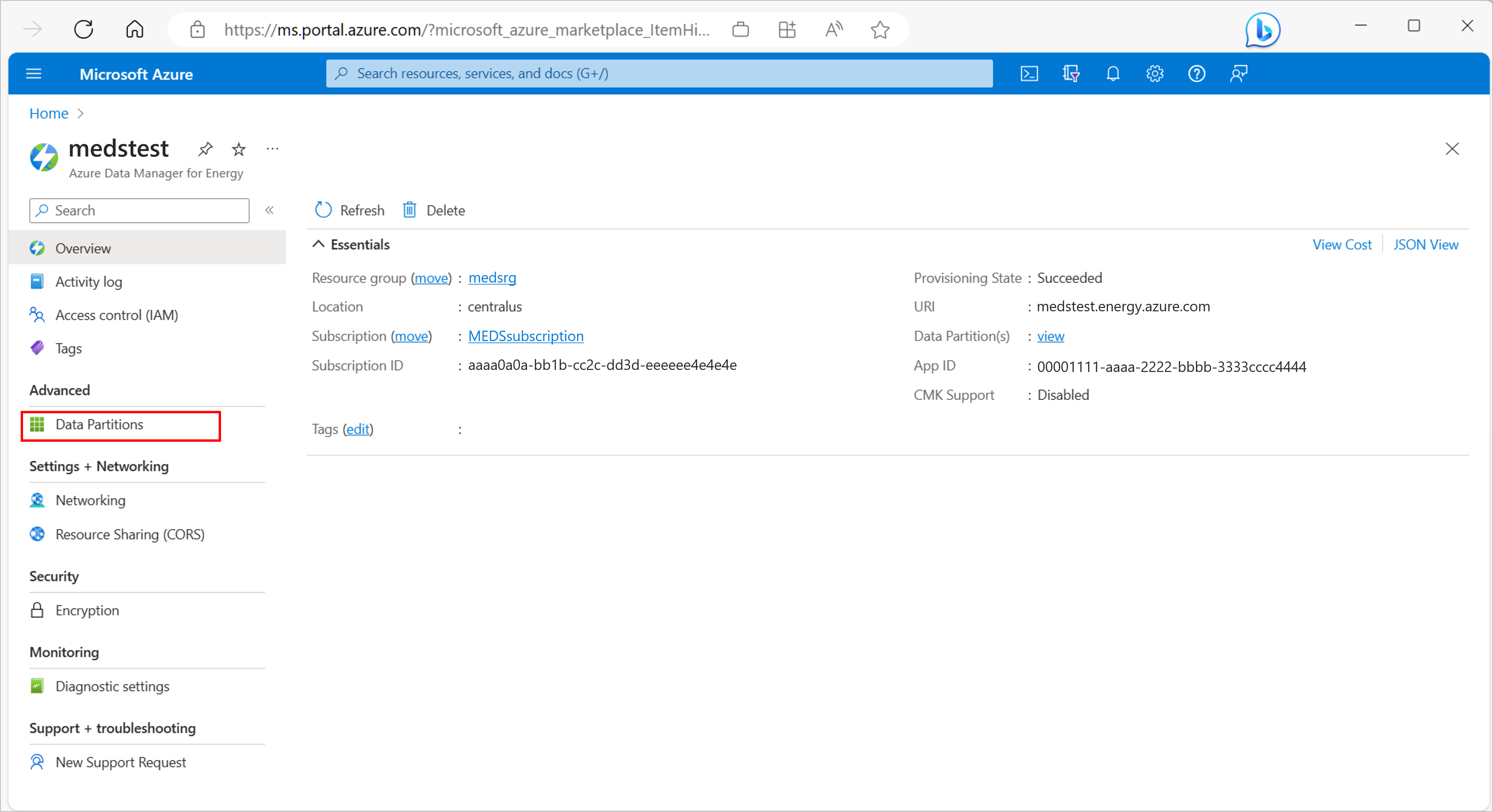 Screenshot for dynamic data partitions feature discovery from Azure Data Manager for Energy overview page. Find it under the 'advanced' section in menu-items.