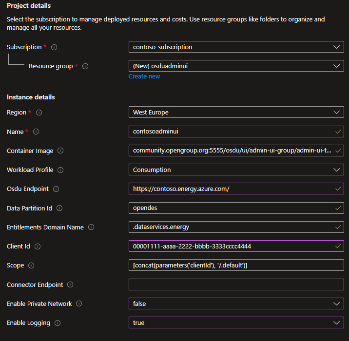 Screenshot that shows the Azure portal deployment form.