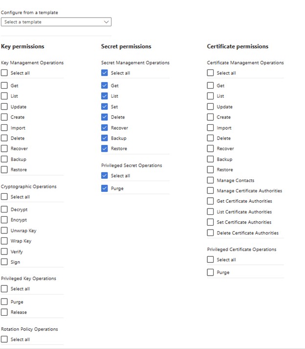 Screenshot of select permissions.