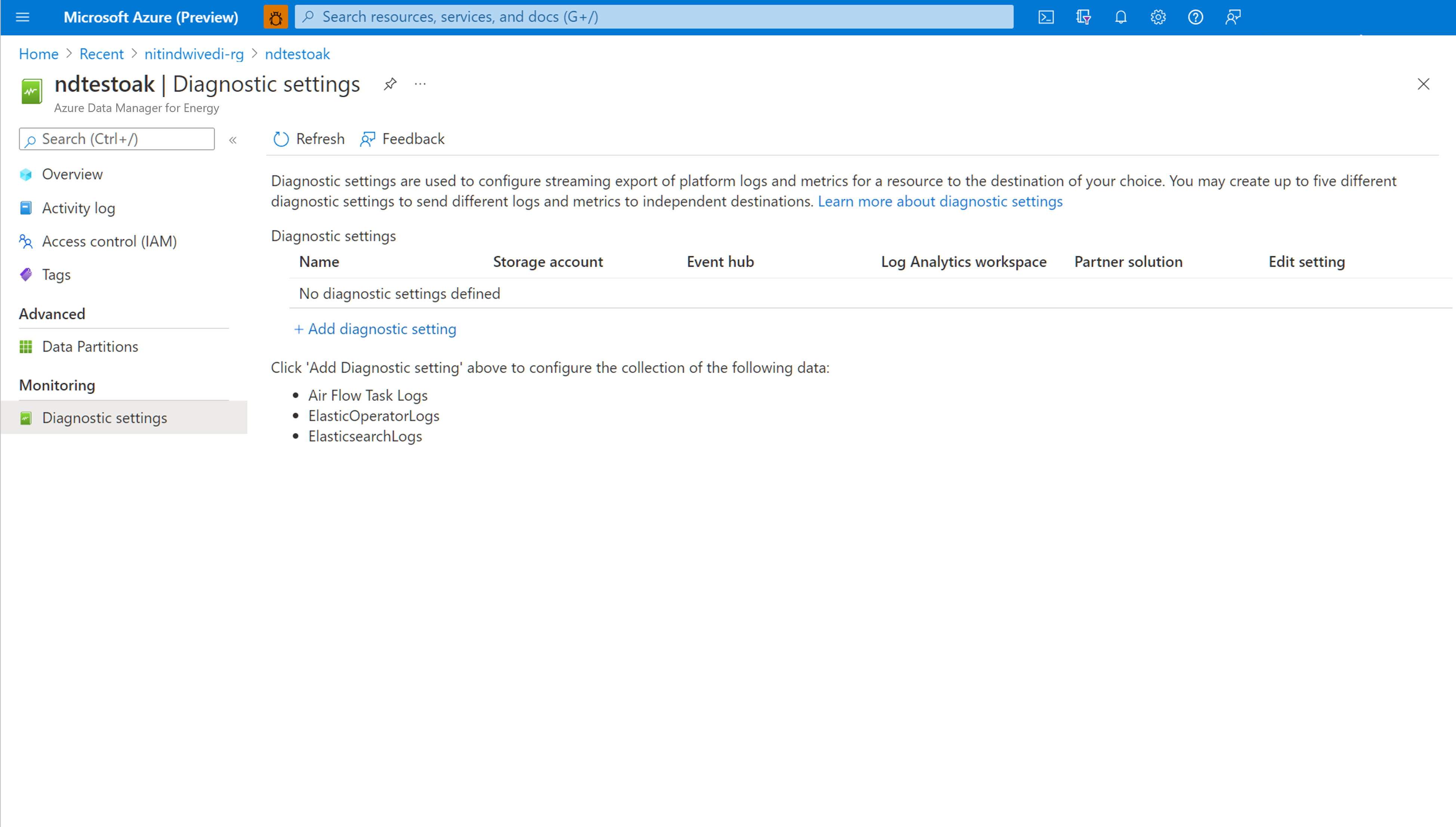 Screenshot for Azure monitor diagnostic setting overview page. The page shows a list of existing diagnostic settings and the option to add a new one.