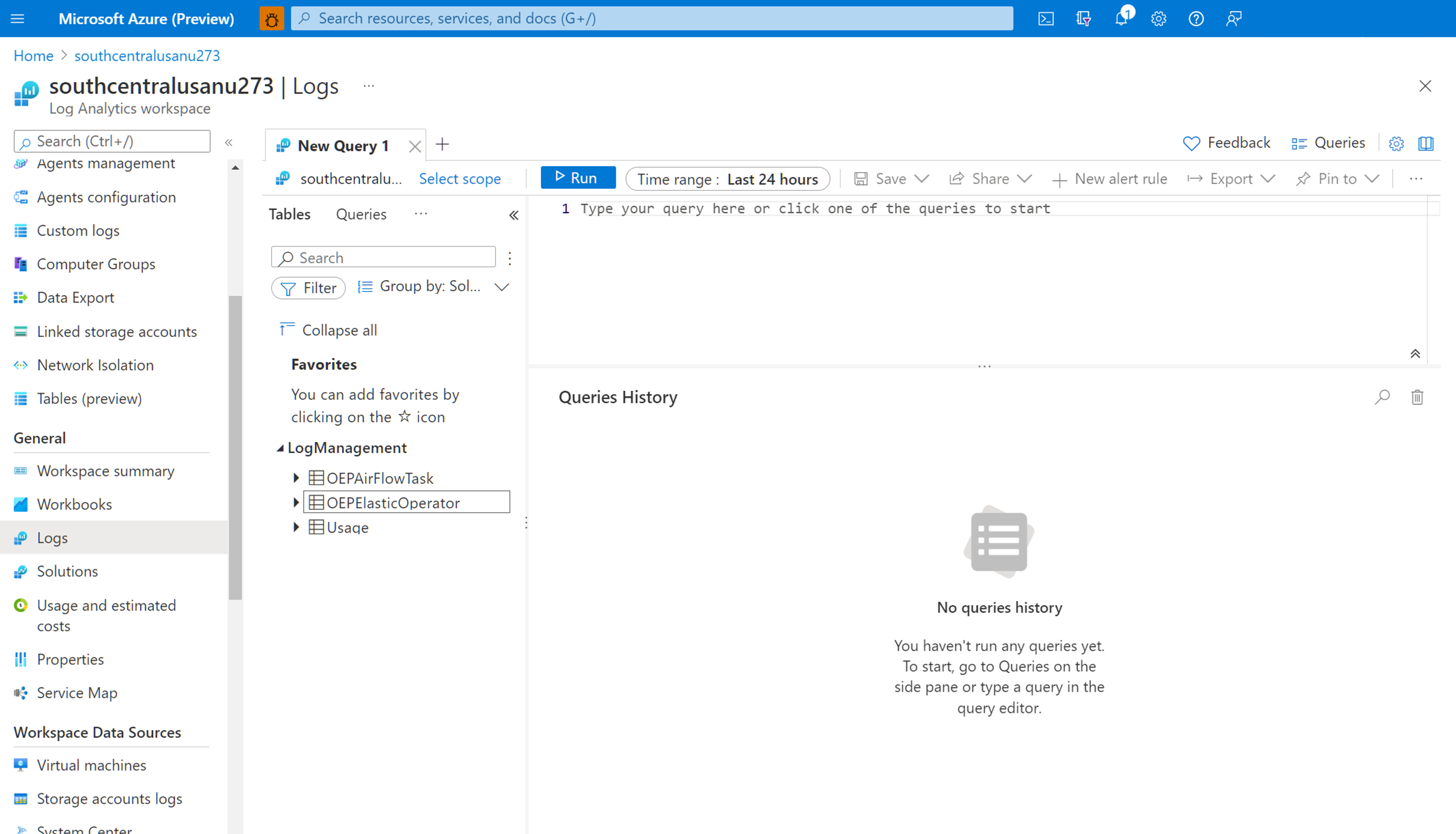 Screenshot for Azure Monitor Log Analytics page for viewing collected logs. Under log management, tables from all sources will be visible.