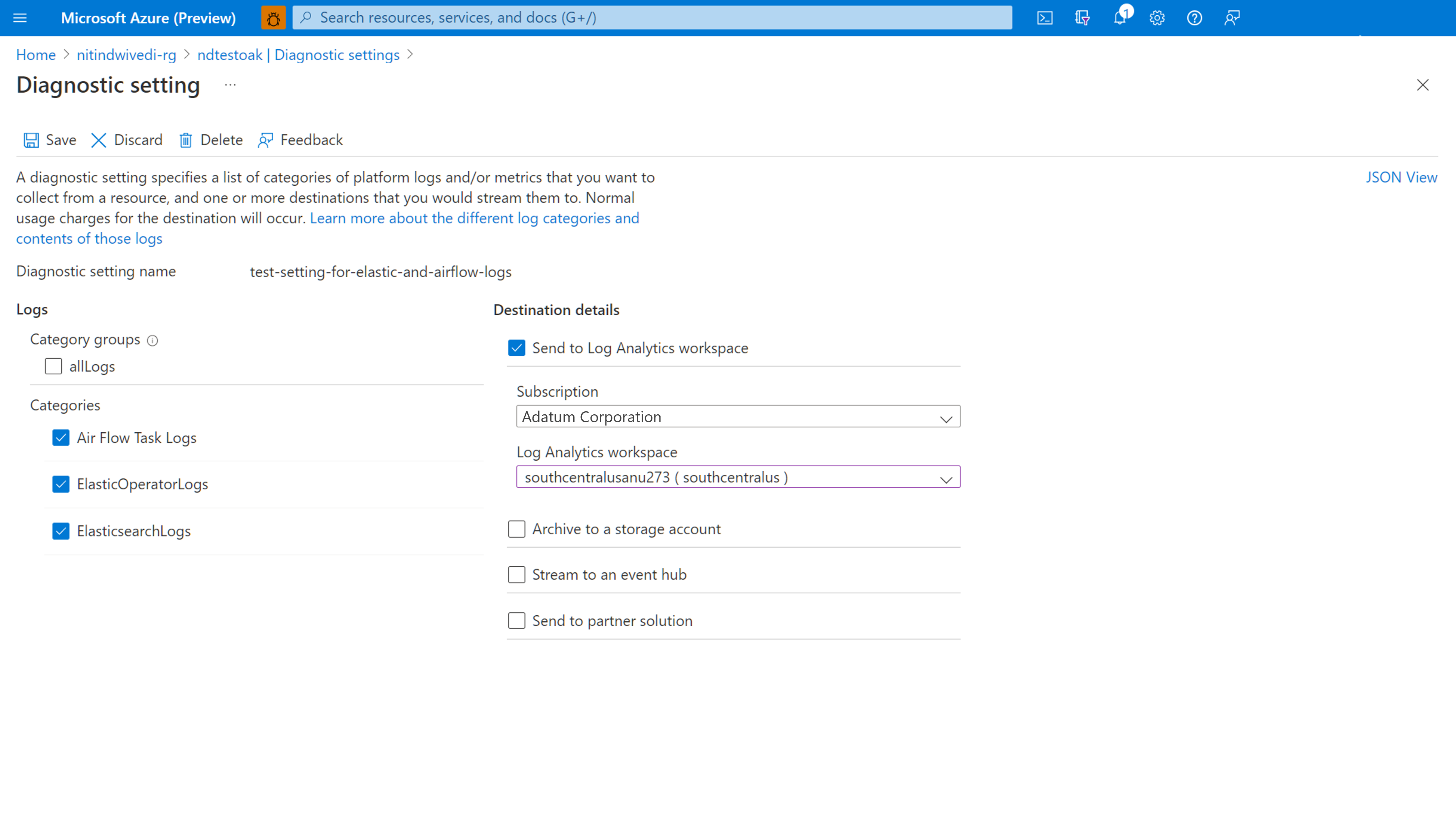 Screenshot for creating a diagnostic setting. It shows the options to select subscription & Log Analytics Workspace with which to integrate.