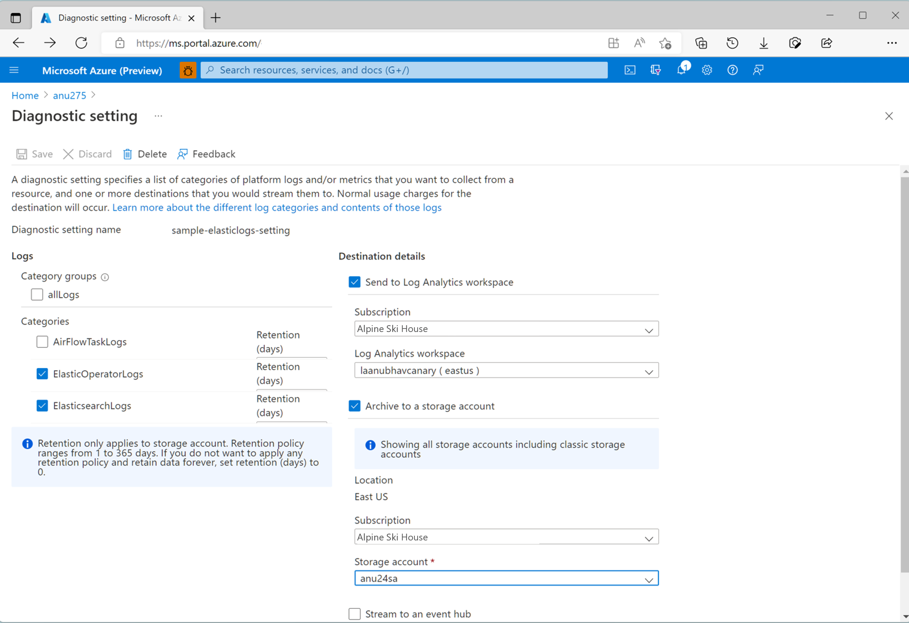 Screenshot that shows choosing destination settings for storage account. Required fields include regions, subscription and storage account.