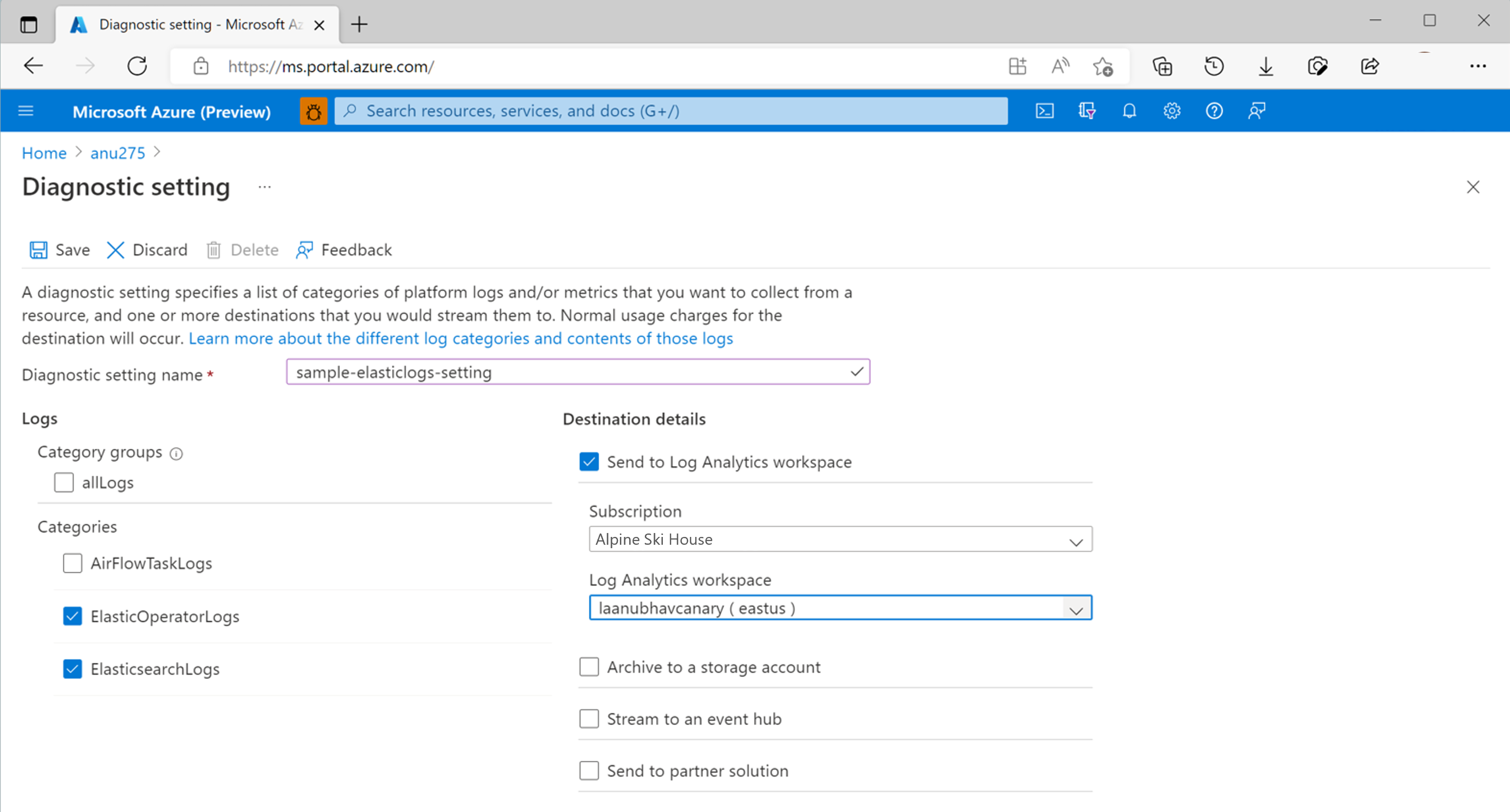 Screenshot for choosing destination settings for Log Analytics workspace. The image shows the subscription and Log Analytics workspace chosen.
