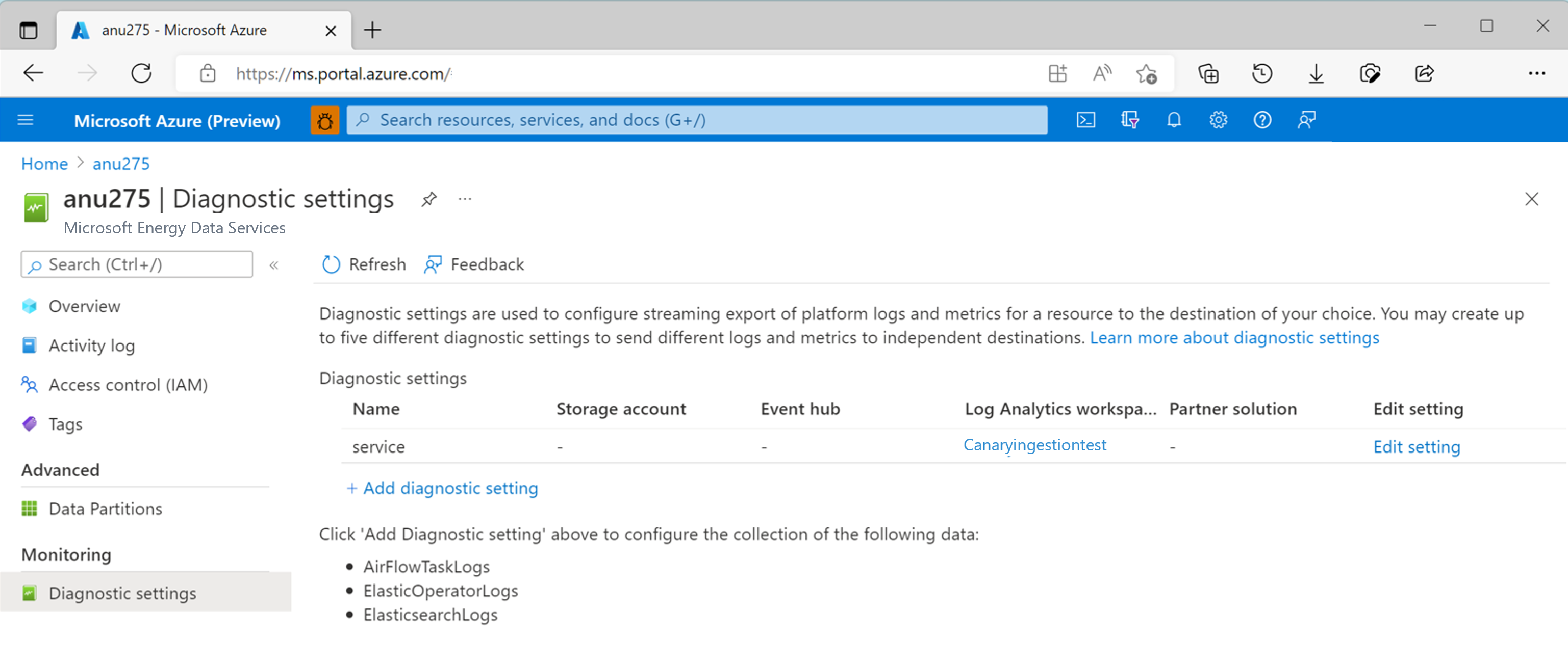 Screenshot for diagnostic settings overview page. It shows the list of existing settings as well as the option to create a new diagnostic setting.