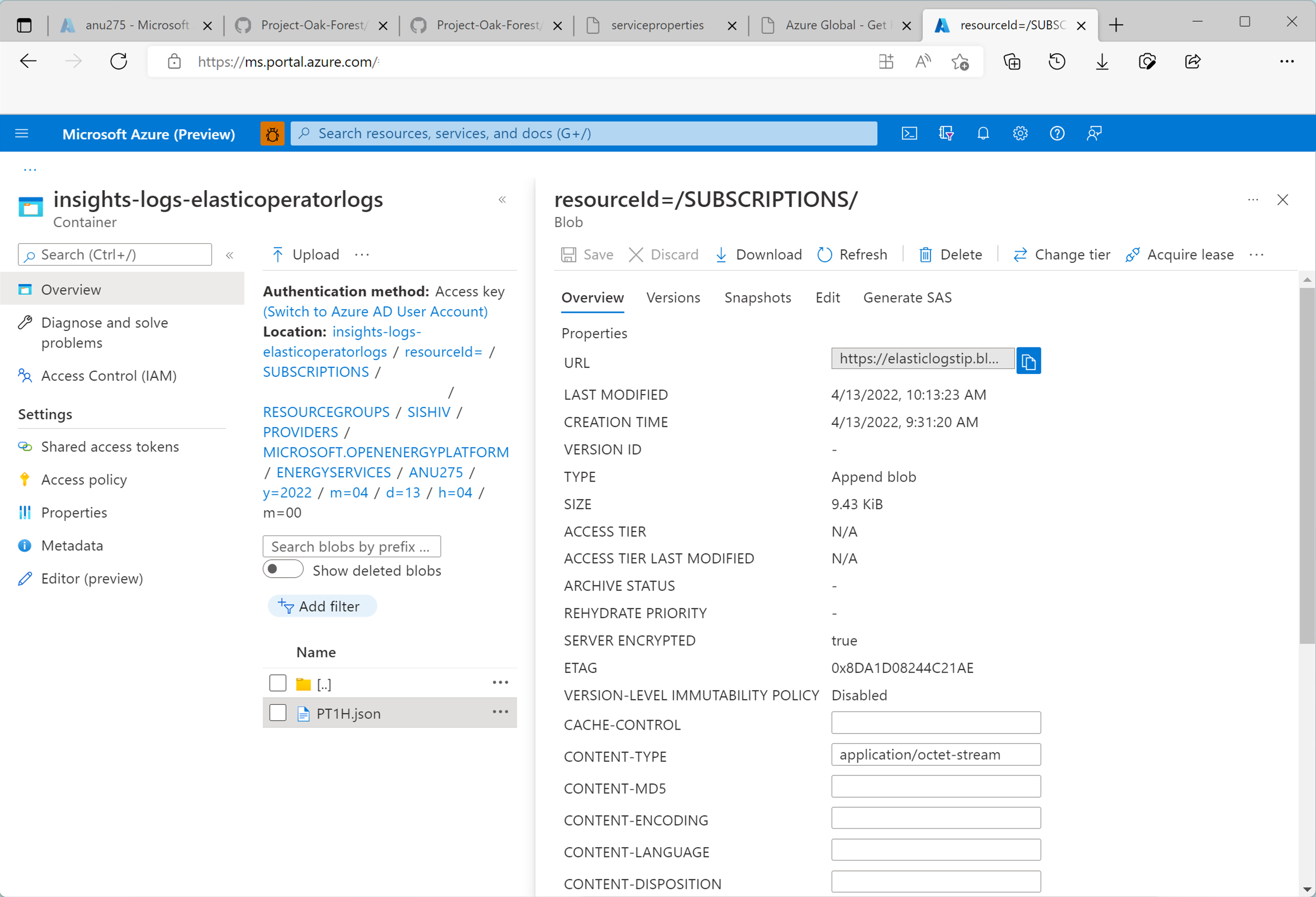 Screenshot to view the downloaded JSON file from storage account. Other options shown include getting a URL for the JSON file.