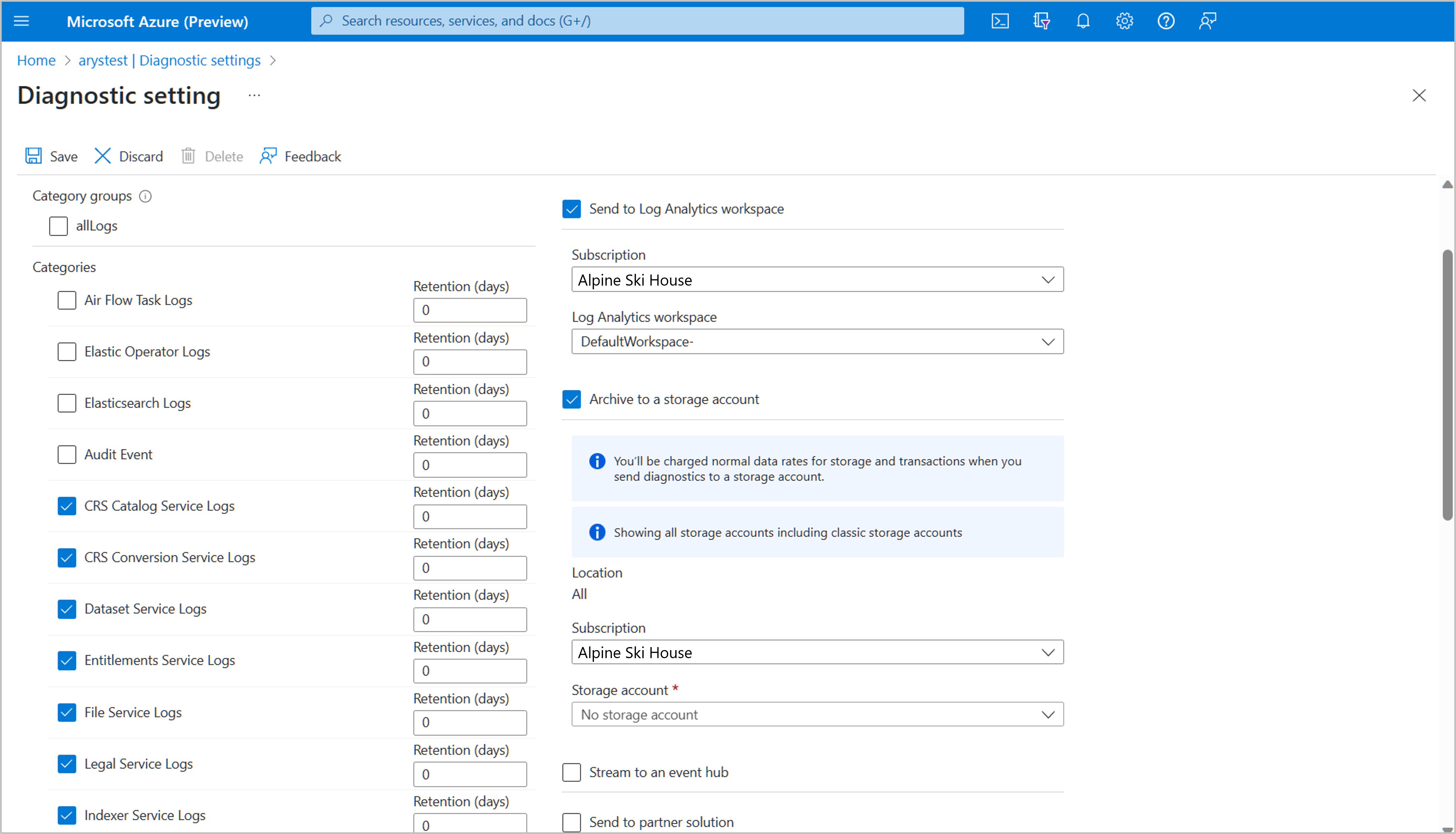 Screenshot shows that export to multiple destinations can be configured with just one diagnostic setting.