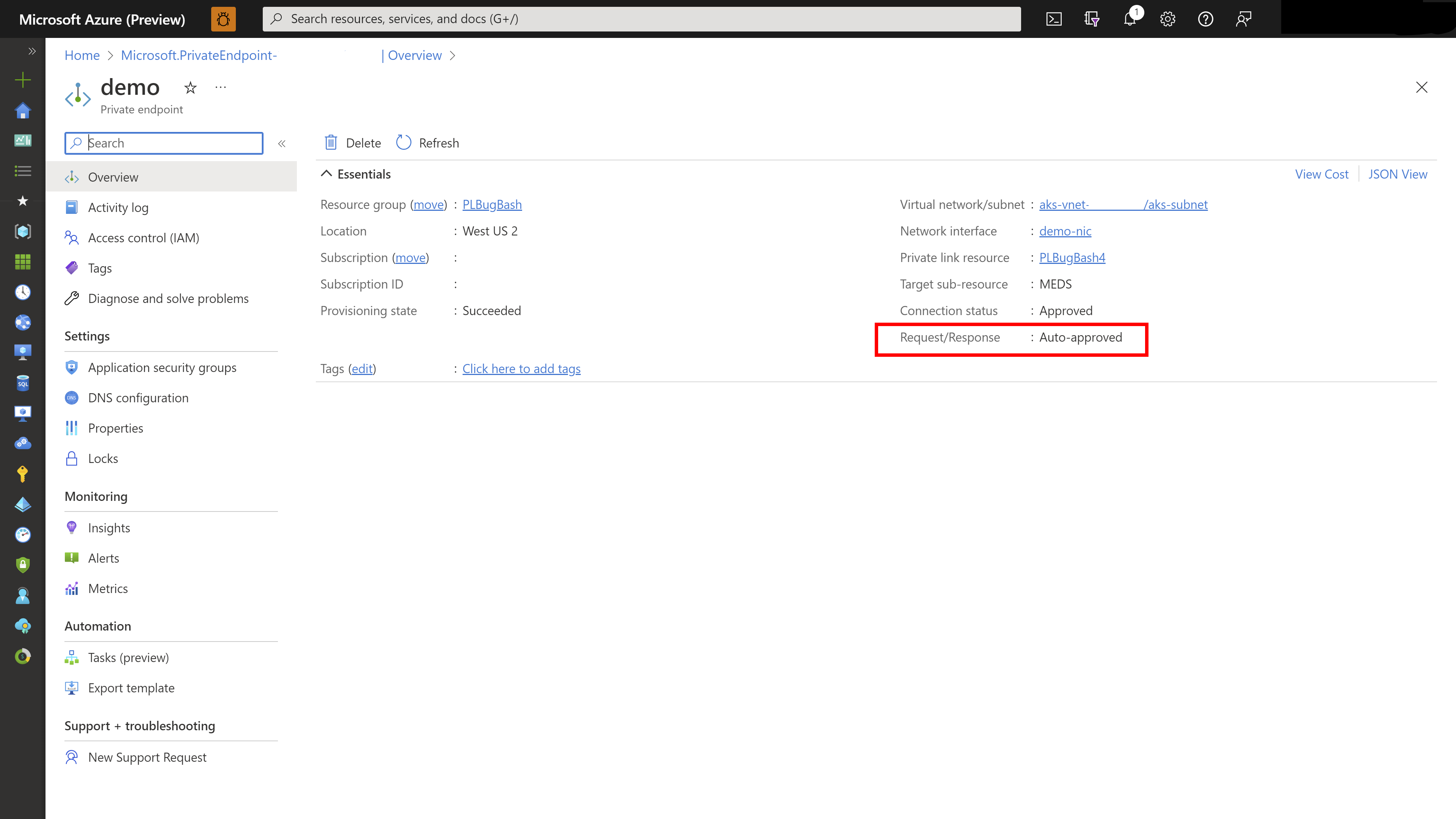 Screenshot of information about a private endpoint with an indication of automatic approval.