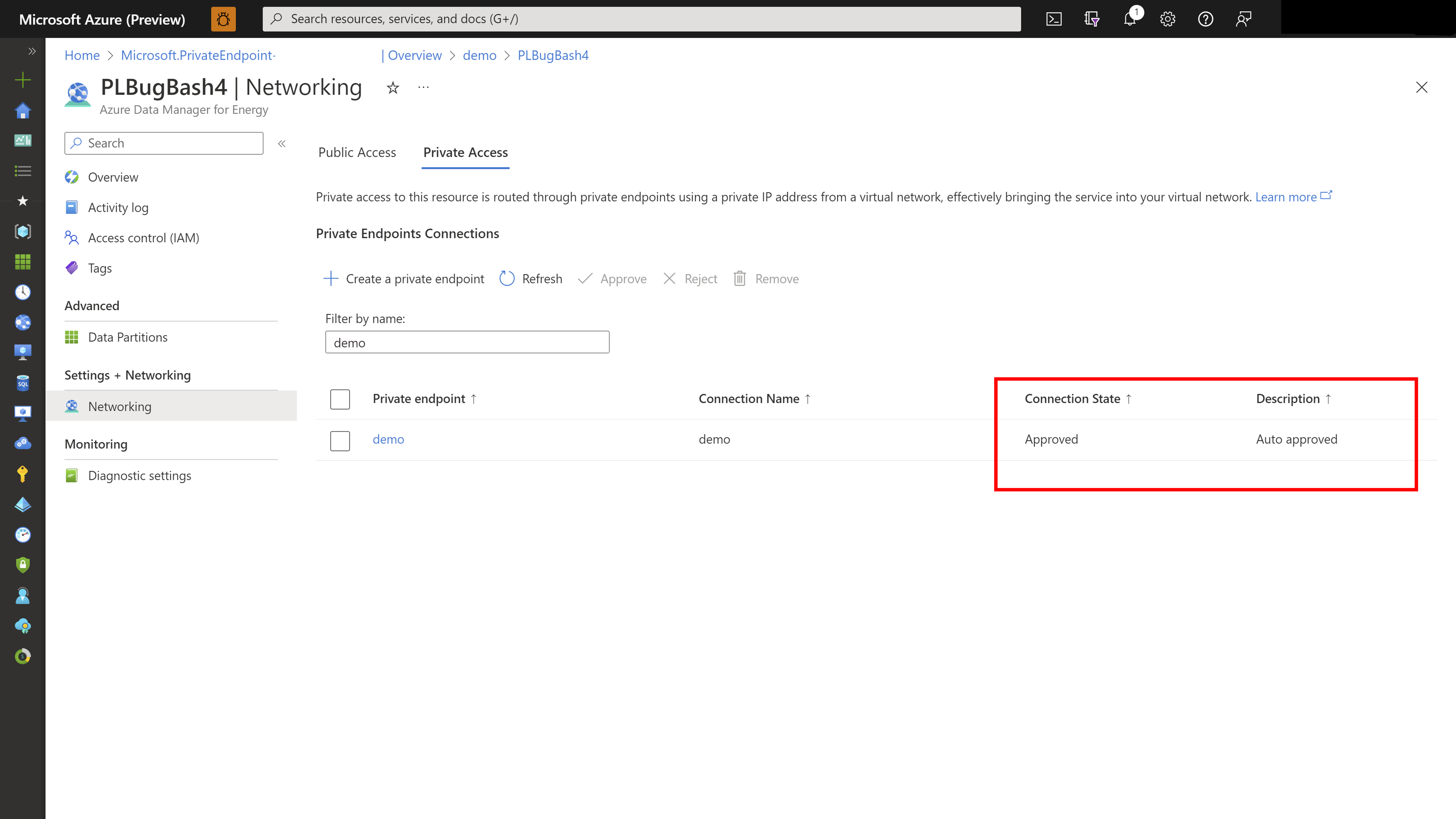 Screenshot of the Private Access tab with an automatically approved private endpoint connection.