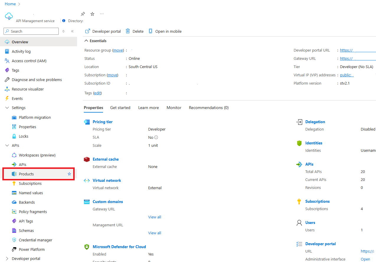 Screenshot of the Products tab on the API Management instance.