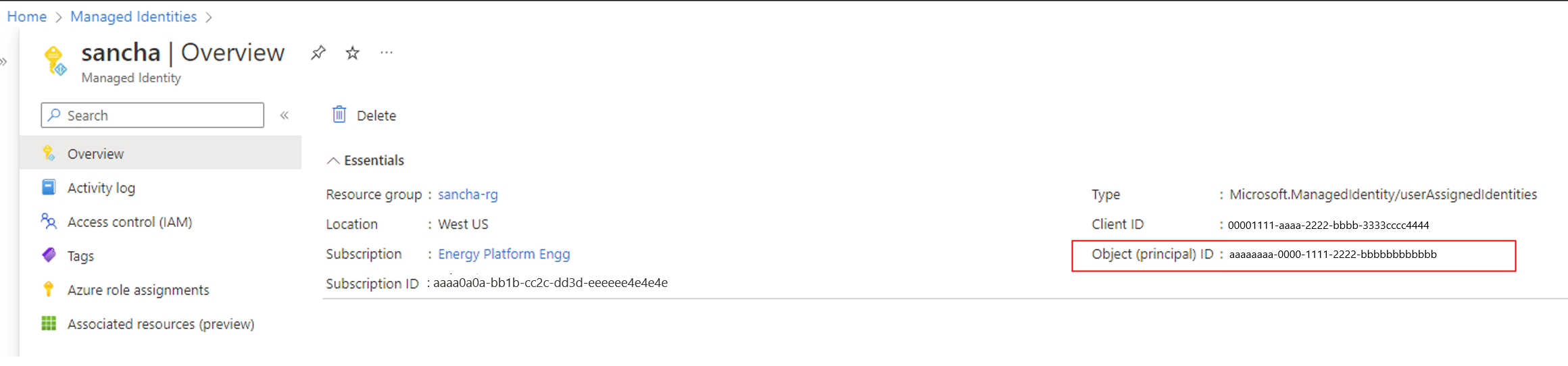 Screenshot of the object ID for a user-assigned identity.