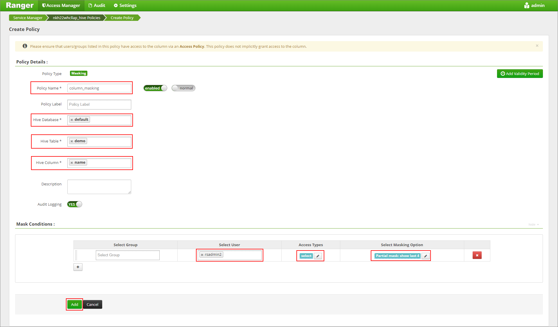 Screenshot of create policy.