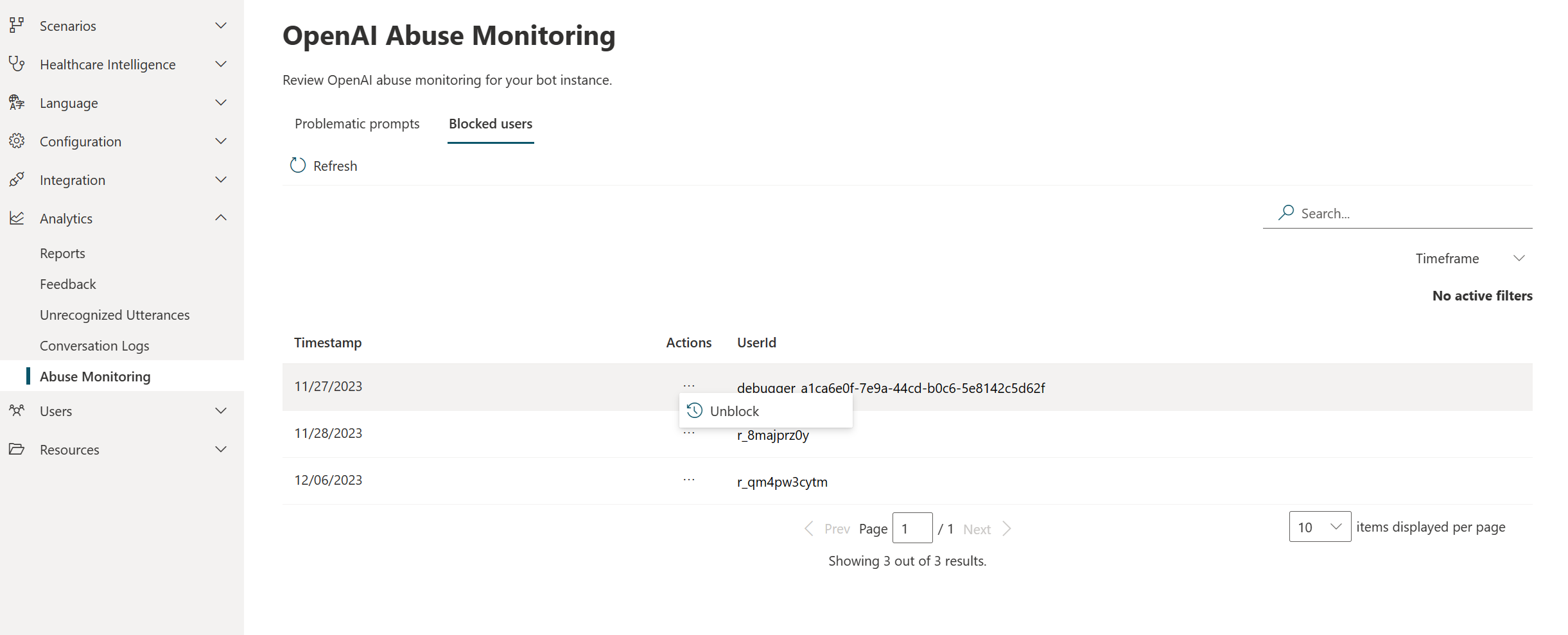 A screenshot of blocked users in the Abuse Monitoring screen