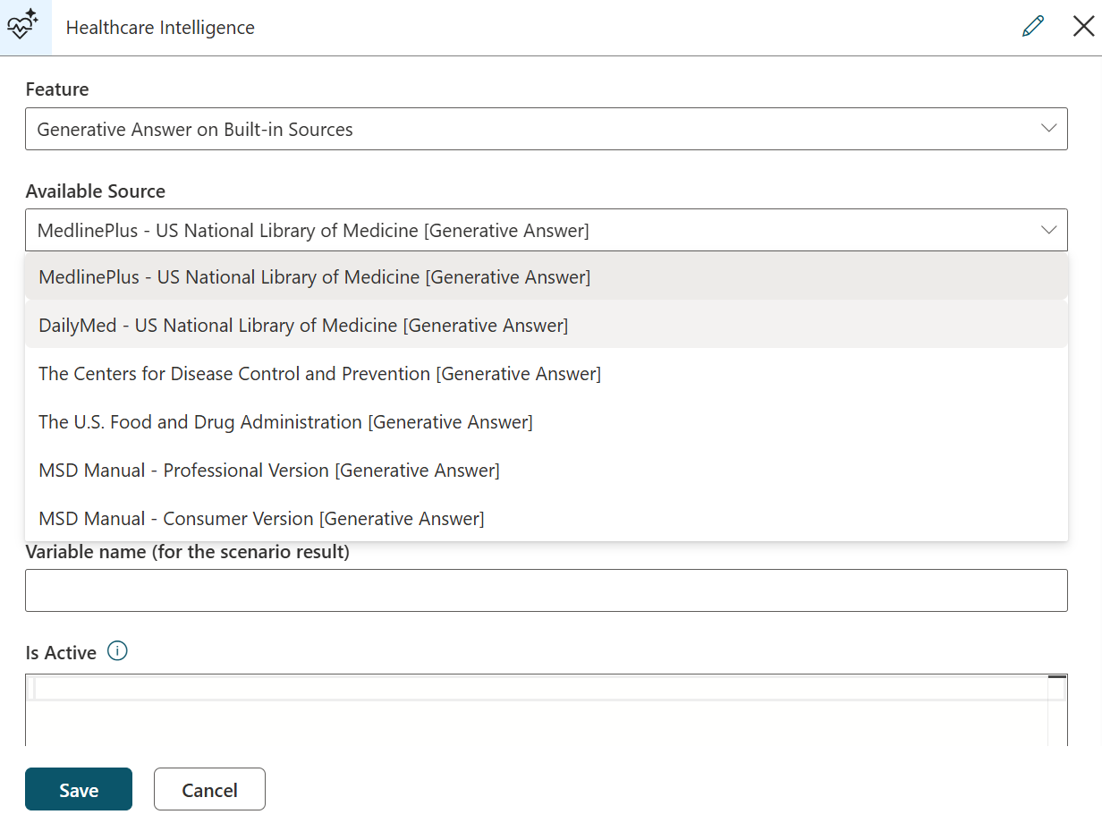 Screenshot of Healthcare Intelligence step built-in sources