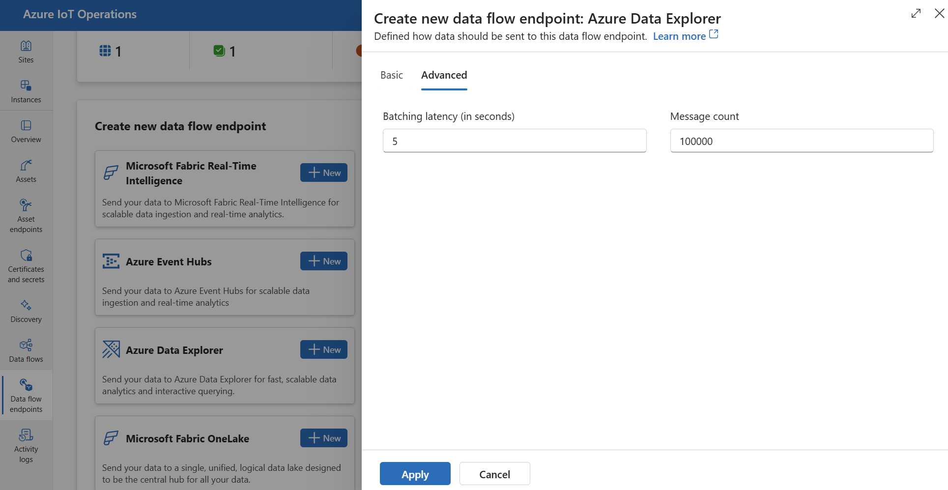 Screenshot using operations experience to set Azure Data Explorer advanced settings.